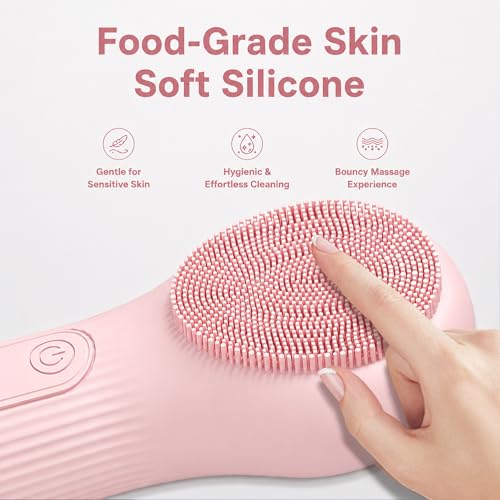 Silicone Facial Brush, Rechargeable Face Scrubber with 3 Vibration Settings, Exfoliator Face Scrubber with Massaging and Deep Cleaning, IPX7 Waterproof Facial Cleansing Brush for Women Men (Pink) - color: Pink