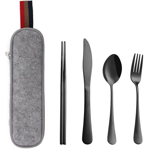 DEVICO Travel Utensils with Case, 5 Piece Portable Silverware Set for Work - color: Black