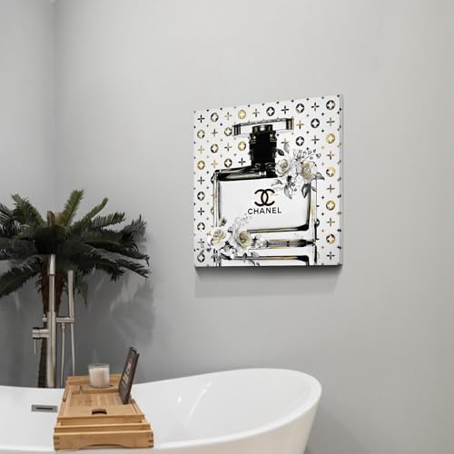 summer melody Chic Perfume Bottles Floral Canvas Wall Art 24x24Inch - color: Black&White, size: 24L" x 24W"