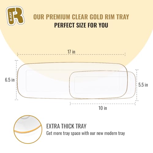 R-kay 4 Pack Plastic Serving Trays For Party - Gold Serving Tray 17 by 6.5 Inch - Heavy Duty Clear Trays For Food - Long Party Serving Trays For Entertaining - Clear Platters - color: Clear And Gold, size: 17 Inch