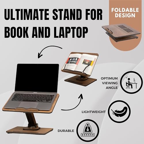 Vigo Wood 360° Rotating Book Stand, Tilt and Height Adjustable Laptop and Cookbook Holder, Foldable Reading Desk (Walnut)