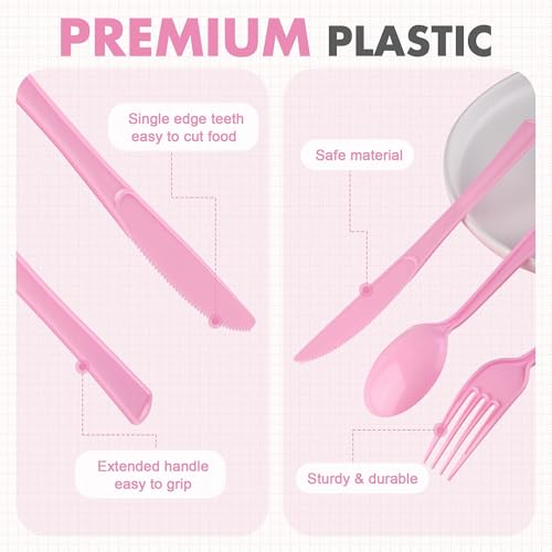Kochorie 300 Pieces Light Pink Plastic Silverware with Spoons Forks Knives - color: Light Pink