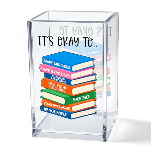 It's Okay To Make Mistakes Acrylic Cosmetic Pencil Pen Holder Cup, Motivational Desk Organizer Accessory for Office School, Inspirational Quote Gifts for Women Book Lover Coworker Sister Teacher - style: Okay To