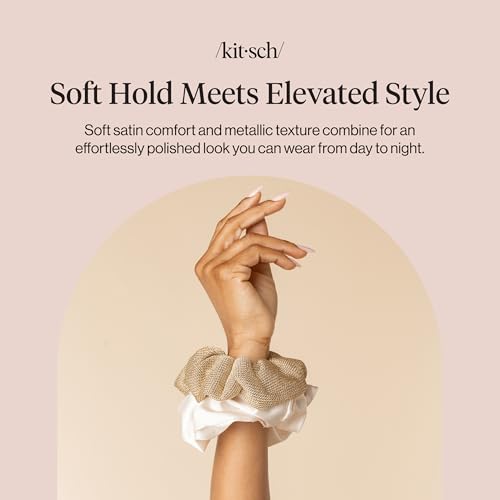 Kitsch Metallic Mesh & Satin Scrunchies For Women - Cream & Gold, 2pcs - color: Cream & Gold