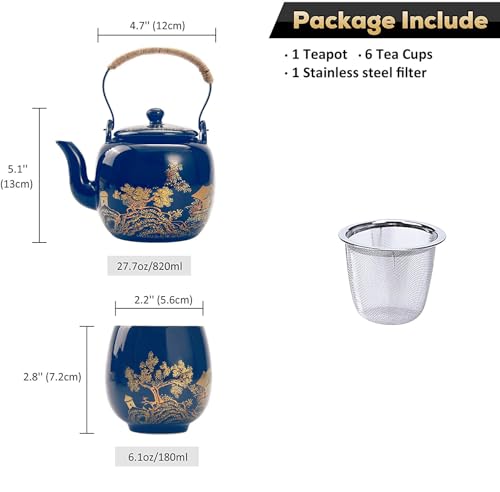 Gift Set Japanese Tea Set, Asian Black Glazed Ceramic Tea Set - Contains 1 Teapot, 1 Tea Strainer and 6 Teacups. Ideal for Home, Outdoor, Office (Blue2) - color: Blue2