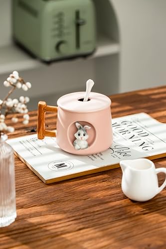 DIHOclub Adorable 3D Ceramic Rabbit Mug with Lid and Spoon Perfect for Coffee, Tea, Milk, and More - Ideal Gift for Bunny Lovers - 14 Ounces (Pink) - color: Pink