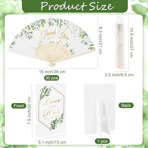 Aneco 30 Sets Green Leaves Wedding Folding Fans, Bamboo Handheld Folding Fans with Organza Bags Table Sign, Thank You Vintage Silk Handheld Fan for Bridal Shower Wedding Party Decorations - color: Green Leaves