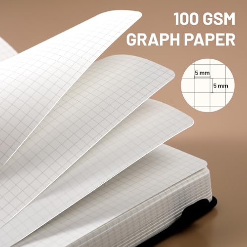 CAGIE Graph Notebook 320 Pages 100 GSM Paper Graphing Grid Journal A5 Hardcover Leather Quad Ruled Notebooks for Engineering, Math, Work, Black - color: Black, style: Graph A5
