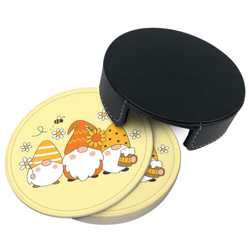 6 Pcs Leather Coasters for Drinks with Holder Sunflower Cute Bee Gnomes Coaster Sets Drink Table Cup Coasters for Kitchen Coffee Decor - color: Sunflower Bee Gnomes