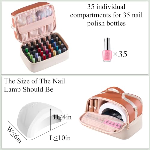 Nail Polish Organizer Holds 35 Bottles & Nail Lamp, Nail Organizers and Storage, Double Layer Nail Bag with Handle & Shoulder Strap for Travel, Nail Supplies Organizer for Manicure Kit (Brown+Beige) - color: Brown+Beige (35Bottles）