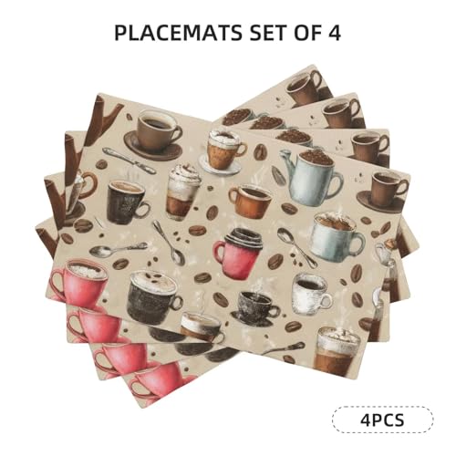 Coffee Cups and Beans Placemats Washable Table Placemat Set of 4 - color: Red Brown, size: Set of 4