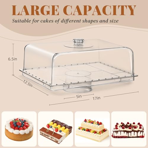 Cake Stand with Lid-Large 17" Rectangular Cake Holder,Acrylic BPA Free