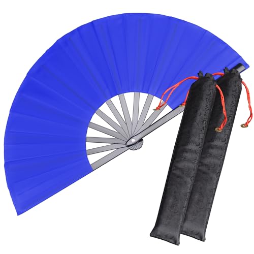 2 Pack Large Folding Hand Fans, Blue Kung Fu Tai Chi Fan, Nylon-Cloth Fan for Men and Women's Performance, Dance, Festival and Gift (Pack of 2 plus Bag) - color: blue+blue