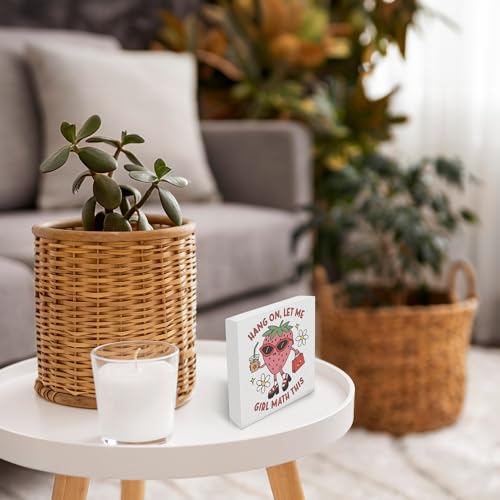 OFlich Preppy Strawberry Wooden Box Sign 5x5 Inches - Strawberry Gifts for Women, Trendy Desk Sign for Dorm Girls Room, Cute Wooden Signs for Home Decor