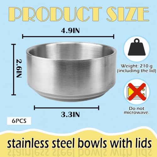 6 Pcs Stainless Steel Rice Bowl with Lid Korean Kitchenware Large Insulated Bowl Multifunctional Soup Bowls Snacks Bowls for Keeping Food Warm Snacks Lunch Box Parties（5.11in Silver