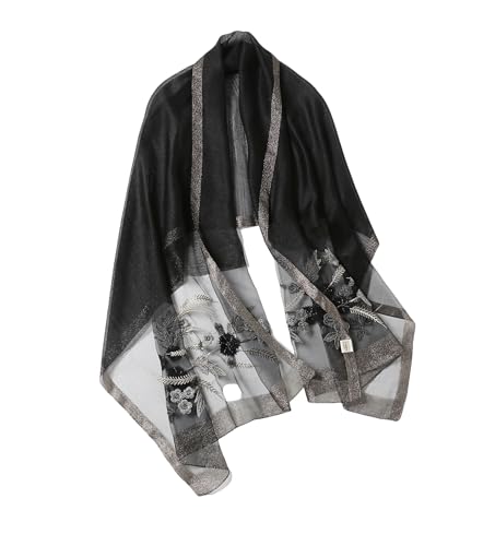 Jeelow Long Silk Blend Embroidered Floral Shawl Scarf Wrap for Women - color: Black