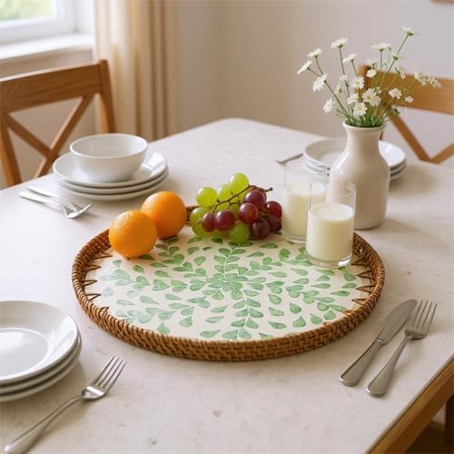 13.8" Round Mother of Pearl Inlay Green Willow Decor Rattan Serving Tray - color: Green Willow