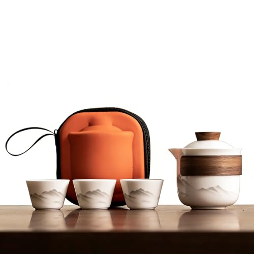 Portable Chinese Gongfu Tea Set, Travel Mini Gaiwan Teapot with Bag - color: White