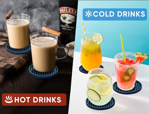 Coasters for Drinks 6 Pack Drinking Coasters with Holder,Heat Resistant Silicone Cup Mat Tabletop Protection,Non-Slip Rubber Coaster for Kinds of Cups (Blue) - color: Blue