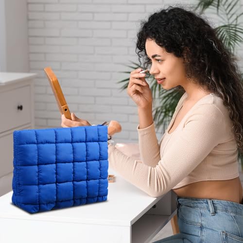 Hillban Blue Puffy Quilted Makeup Bag for Women Cosmetic Bag Gift, Classic - color: Blue, size: Classic