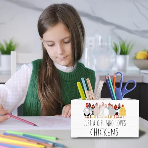 Funny Chicken Pen Holder for Desk, Chicken Lover Mom Lady Gifts Pencil Organizer, Just a Girl Who Loves Chickens Wooden Box Sign Desk Decor for Home Office Decoration - color: CHICKENS
