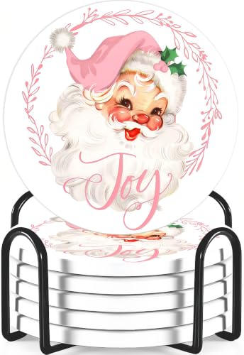 Nikyi 6 Pcs Christmas Pink Santa Ceramic Absorbent Coasters, Round Drink Coaster with Metal Holder and Cork Base, for Coffee Table Kitchen Bedroom Living Office Desk Home Decor - color: Pink Santa Claus