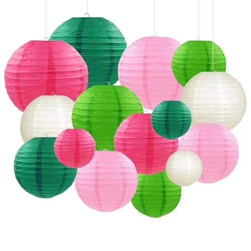 Pink Green Paper Lanterns Decorative 15pcs Party Hanging Decorations for Party Birthday Bachelorette Wedding Birthday Baby Shower Summer Themed Party Anniversary Green Pink White Room Decor - color: Hot Pink,pink,grass Green,chistmas Green,white