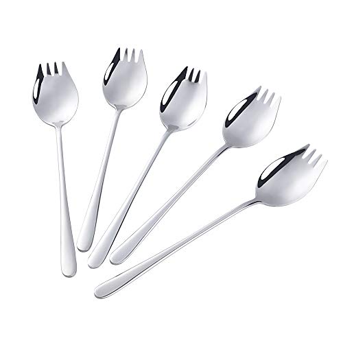 Buyer Star Silver Sporks 2 in 1 Spoons Forks 5 Pieces Stainless Steel Reusable Metal Korean Soup Dinner Spoons Camping Flatware - color: Silver