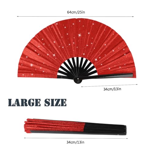 Large Folding Hand Rave Fan for Men/Women, Popping Fan for Line Dancing, Decorative Folding Hand Fan for Boots On The Ground, Festival, Gift, Home Decorations(Red) - color: Red