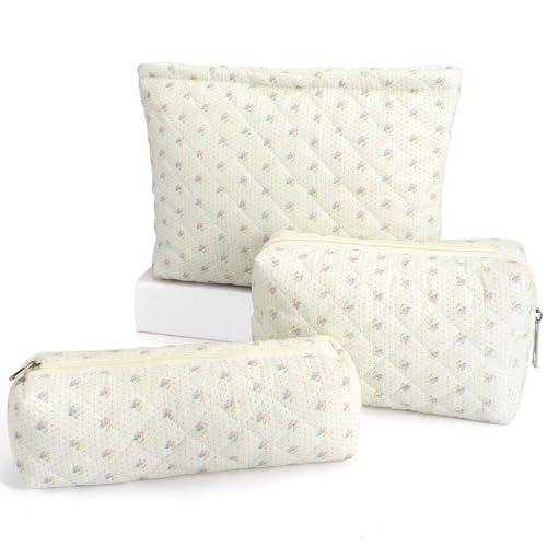 EIMMBD Makeup Bag 3 Pieces Large Capacity Checkered Cosmetic Bag Travel Toiletry Bag Organizer Cute Makeup Bag Pouch Storage Bag for Women(Beige Floral) - color: Beige Floral