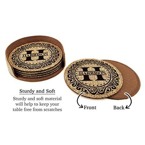 Smile Art Design Family Monogram CUSTOM COASTER Set of 6 with base Round Burlap Material Family Name Personalized Prints Personalized Gift House warming Wedding Gift Coffee Table Rustic Decor Style5 - color: Style 05, size: Set of 6 - Round Coaster