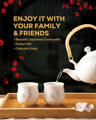 Dujust Japanese Tea Set, White Porcelain Chinese Tea Set (Plum in Golden) - color: White