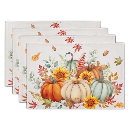 Pumpkins Maple Leaves Placemats Set of 4 Sunflowers Autumn Thanksgiving Table Mats 12 x 18 Inch Farmhouse Decoration for Party Dining Kitchen - color: Watercolor Pumpkin