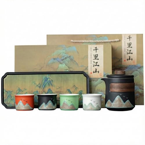 Gongfu Tea Set with Gift Box - Complete Chinese Ceramic Teapot Set with 1 Pot, 4 Color Cups, Tea Tray & Strainer, Elegant Mountain Painting Design for Wedding, Birthday Gift or Office Decor - color: Black Hand-Grip Teapot & 4-Color Teacups