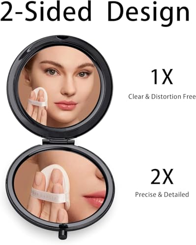 Compact Mirror for Purse, Metal Round Shell, Double-Sided 1X/2X Magnifying, Portable Travel Makeup Mirror, Mini Pocket Mirror, Black, 4 Packs - color: Black