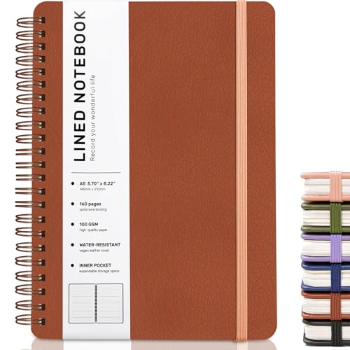 Lined Spiral Notebook for Women, A5 College Ruled Leather Spiral Journals - color: Brown, size: A5