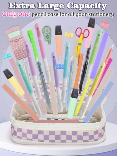 Bigmeta Gingham Expandable Pencil Case for Teens Girls - Purple - color: Purple