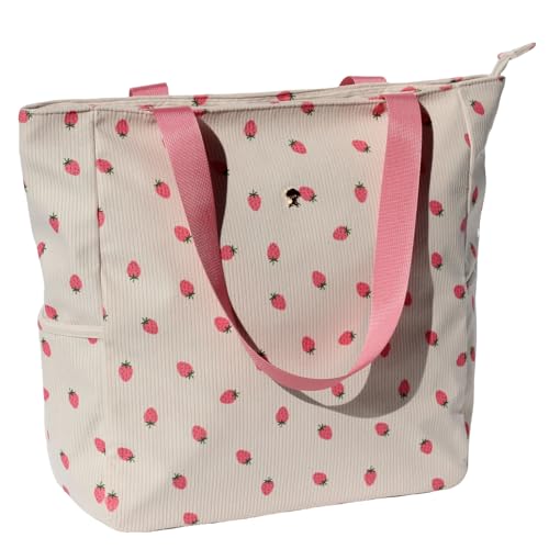 ESVAN Original Floral Water Resistant Large Tote Bag Shoulder Bag for Gym Beach Travel Daily Bags Upgraded - color: Corduroy Pink Strawberry