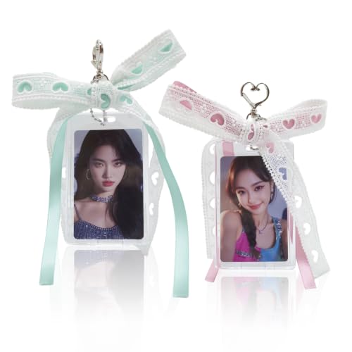 2 Pack K-pop Photocard Holder Keychain, Photo Card Holder with Ribbon Bow - color: Rose&mint