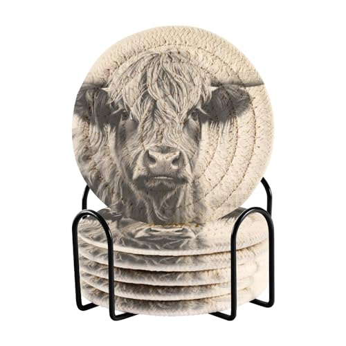 Vintage Highland Cow Drink Coasters Set - 6 Pcs Minimalist Woven Coasters with Holder for Home Decor, 3.94 Inch Absorbent Coasters for Drinks - color: A04