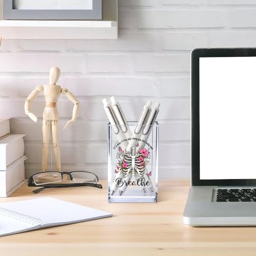 It's Okay Only Breathe Acrylic Cosmetic Pencil Pen Holder Cup, Skeleton Desk Organizer Accessories for Office, Inspirational Gifts for Women Girl Coworker Therapist Teacher Respiratory Doctor - style: Breathe B