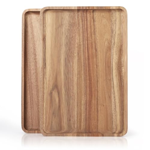 2 PCS Solid Acacia Wood Serving Trays 13 * 9 inch Rectangular Wooden Serving Platters Natural Wooden Boards for Bar Coffee Party（Wood Log Color） - color: Wood Log Color, size: 13" x 9"