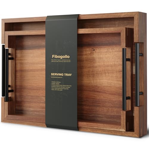 Fibogollo Acacia Wood Set of 2 Serving Tray with Metal Handles,Ottoman Decorative Trays Platter for Coffee Table,Living Room,Bar,Party - size: 15 x 10 in and 17 x 12 in - Set of 2