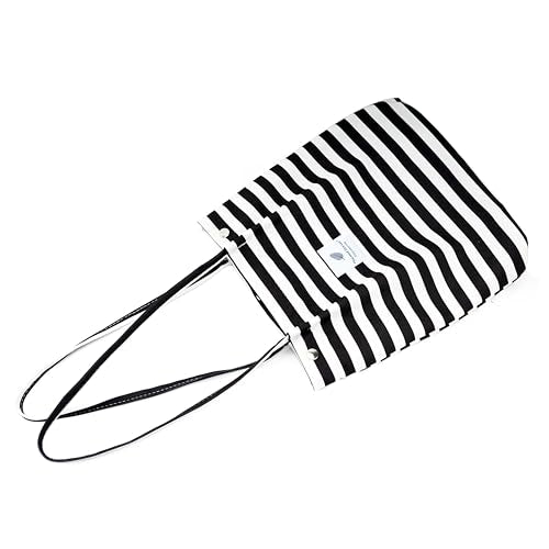 Corduroy Tote Bag Cute Tote Bags for Women Shoulder Bag with Inner Pocket for Work Beach Travel and Shopping Grocery - style: Black and White Stripes