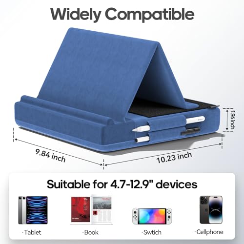 KDD Tablet Pillow Stand, Multi-Angle Viewing Ipad Holder for Lap, Bed and Desk, Foldable Soft Pad Dock with Stylus Mount Compatible with Ipad Pro 12.9, 10.5, 11, Air, Mini, Phones, Books, E-Reader - color: Blue