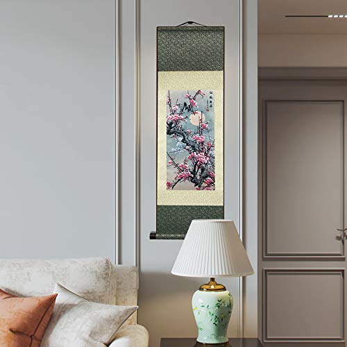 AtfArt Silk Scroll Painting, Asian Wall Art, Red Plum, 36.2x12in - color: C1