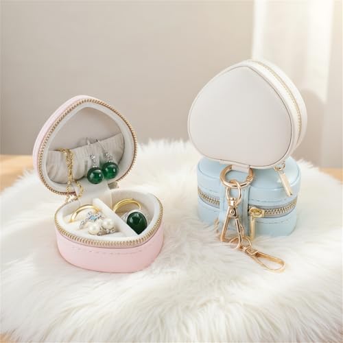 Heart Shaped Jewelry Travel Case, Portable Ring Holder & Organizer with Keychain, Premium Wedding Travel Gift Box for Women - color: Blue