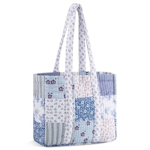 Aliceset Quilted Patchwork Tote Bag for Women Cotton Shoulder Bag Back to School Gift Farmhome Rustic Handbag Commuting Beach - style: Blue Floral