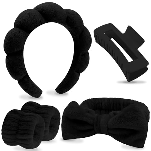 VELSCRUN Spa Headbands for Wash Face, Makeup Headband, Facial Skincare Headbands, 5 Pcs Black Puffy Sponge Spa Headband Bow Tie Hair Band Hair Clips Wristband Set Women Girls Accessories - color: Black