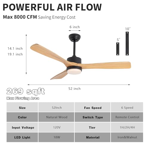 52" Natural Ceiling Fan with Lights Remote Control - color: Natural wood ceiling fan